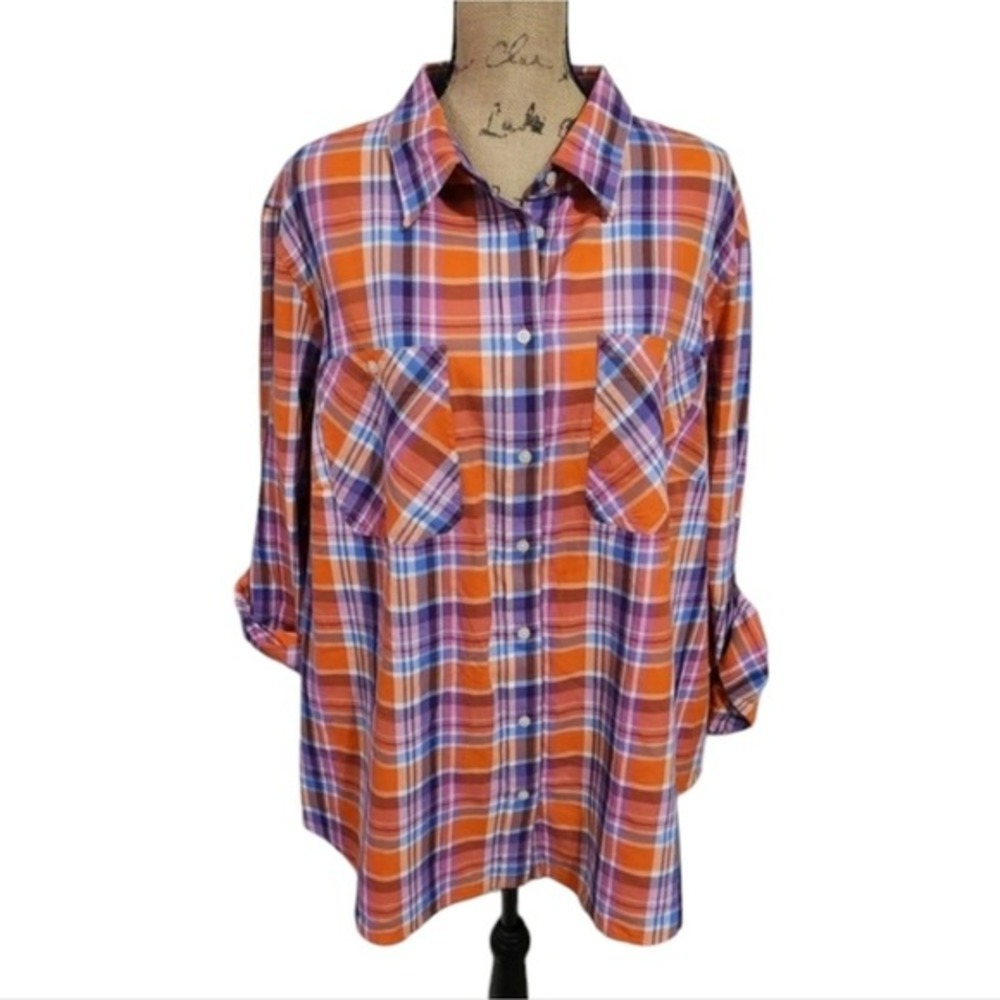 Lauren Ralph Lauren Plaid Button Down Shirt Orange Purple Blue Plus 3X NEW